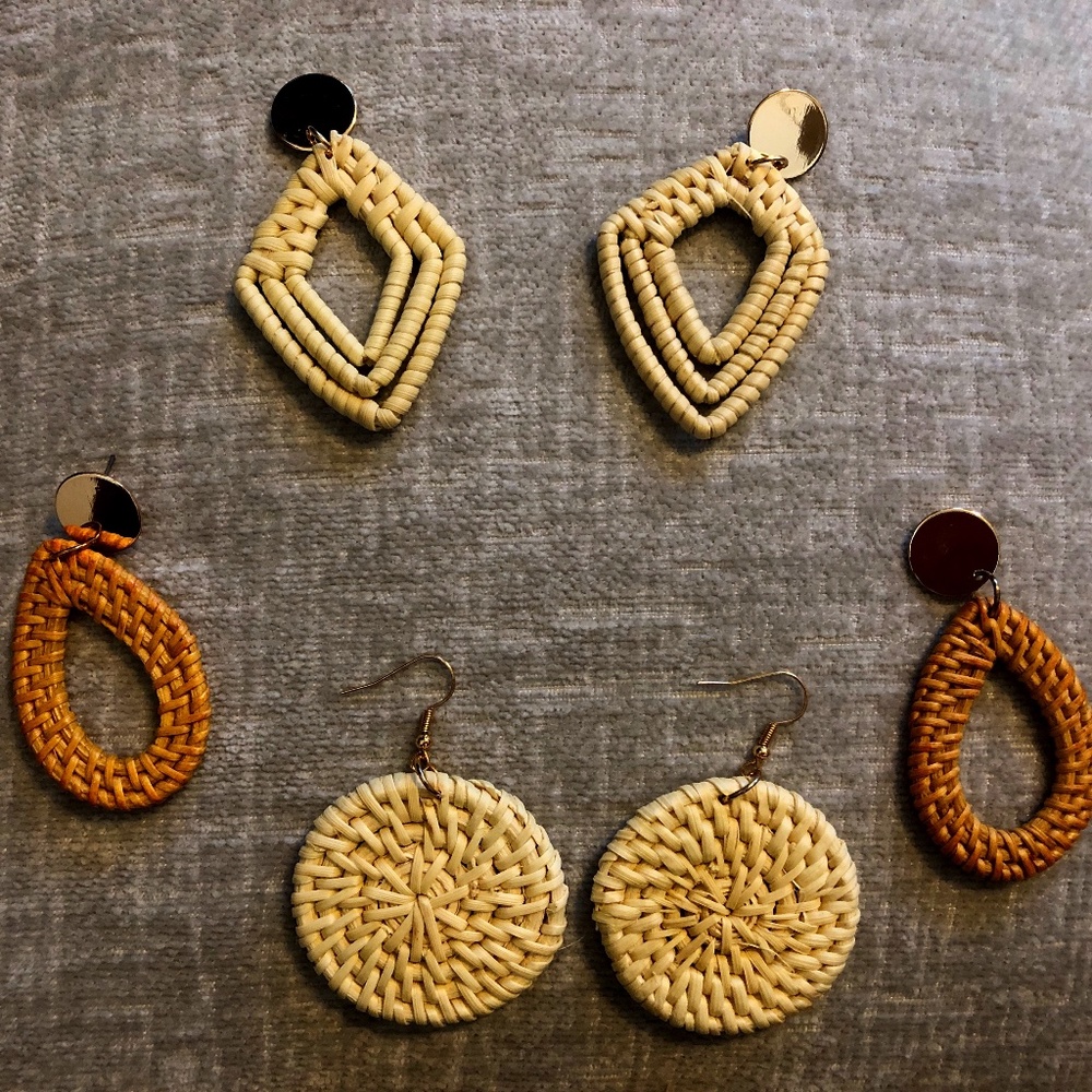 3 Pairs of Rattan Woven Bohemian Earrings Handmade